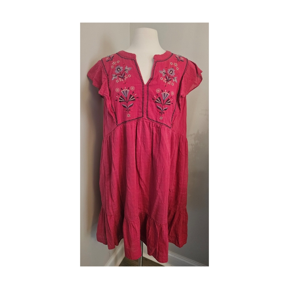 SONOMA Embroidered Split Neck Dress Dark Pink 2X